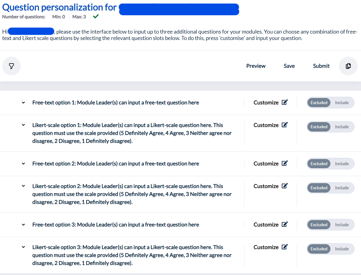 Screenshot of the Explorance Blue question personalisation interface for module leaders. Beneath a welcome message there are six empty question slots, alternating between free-text and Likert-Scale. Each question has a 'customize' button.
